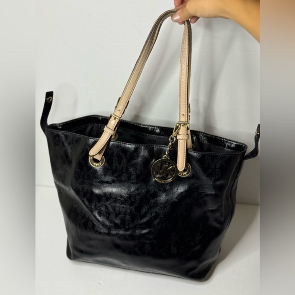 Michael Kors Large Jet Set Black Patent Leather Monogram Tote